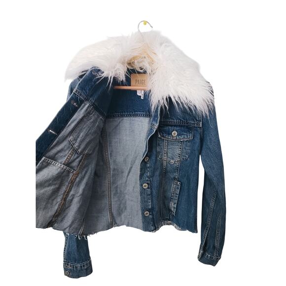 Paige Heidi Faux Fur Collar Cropped Denim Jacket Size Small - Picture 4 of 13